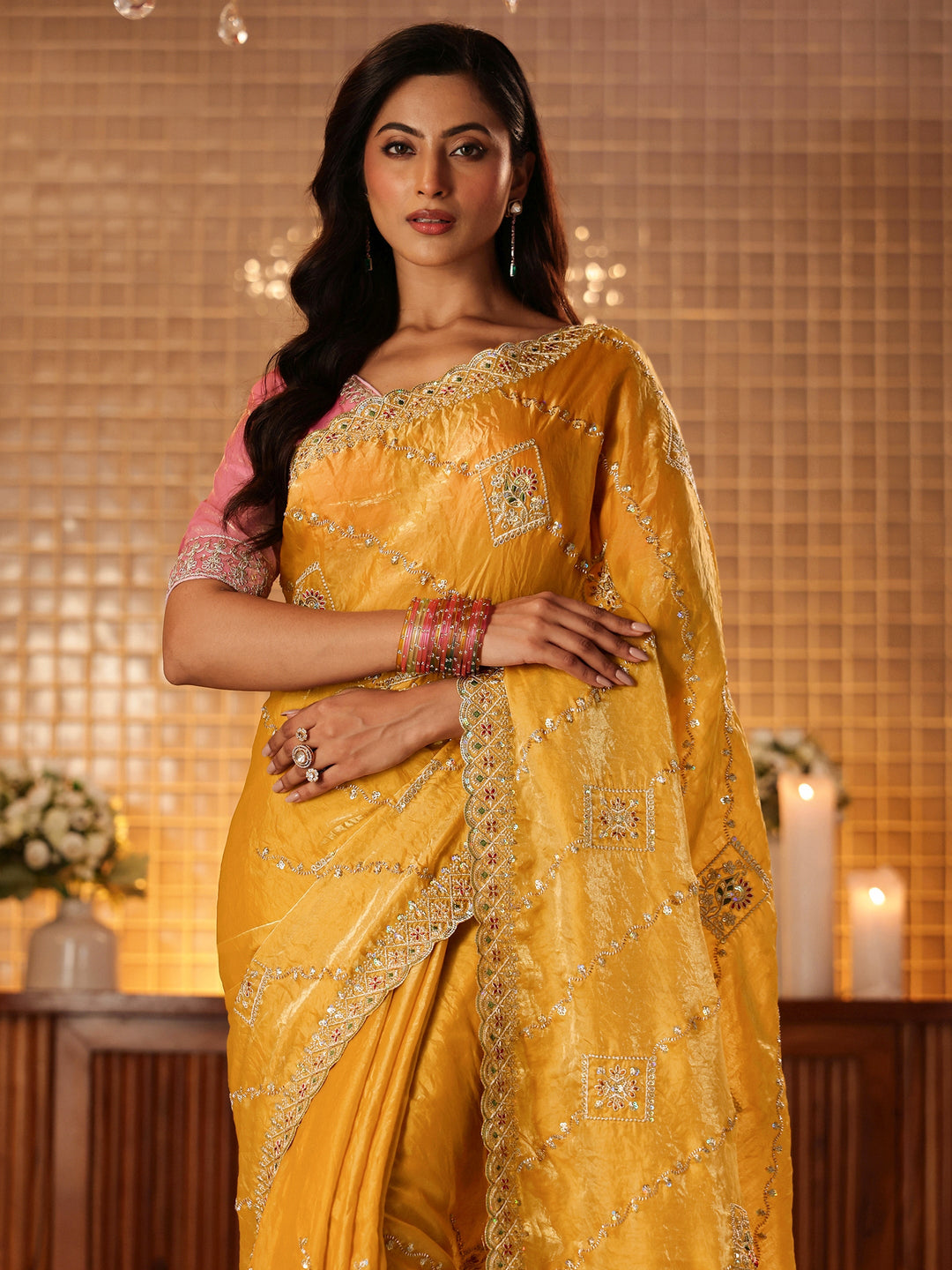  Mustard Ethnic Motif Embroidered Tissue Saree 