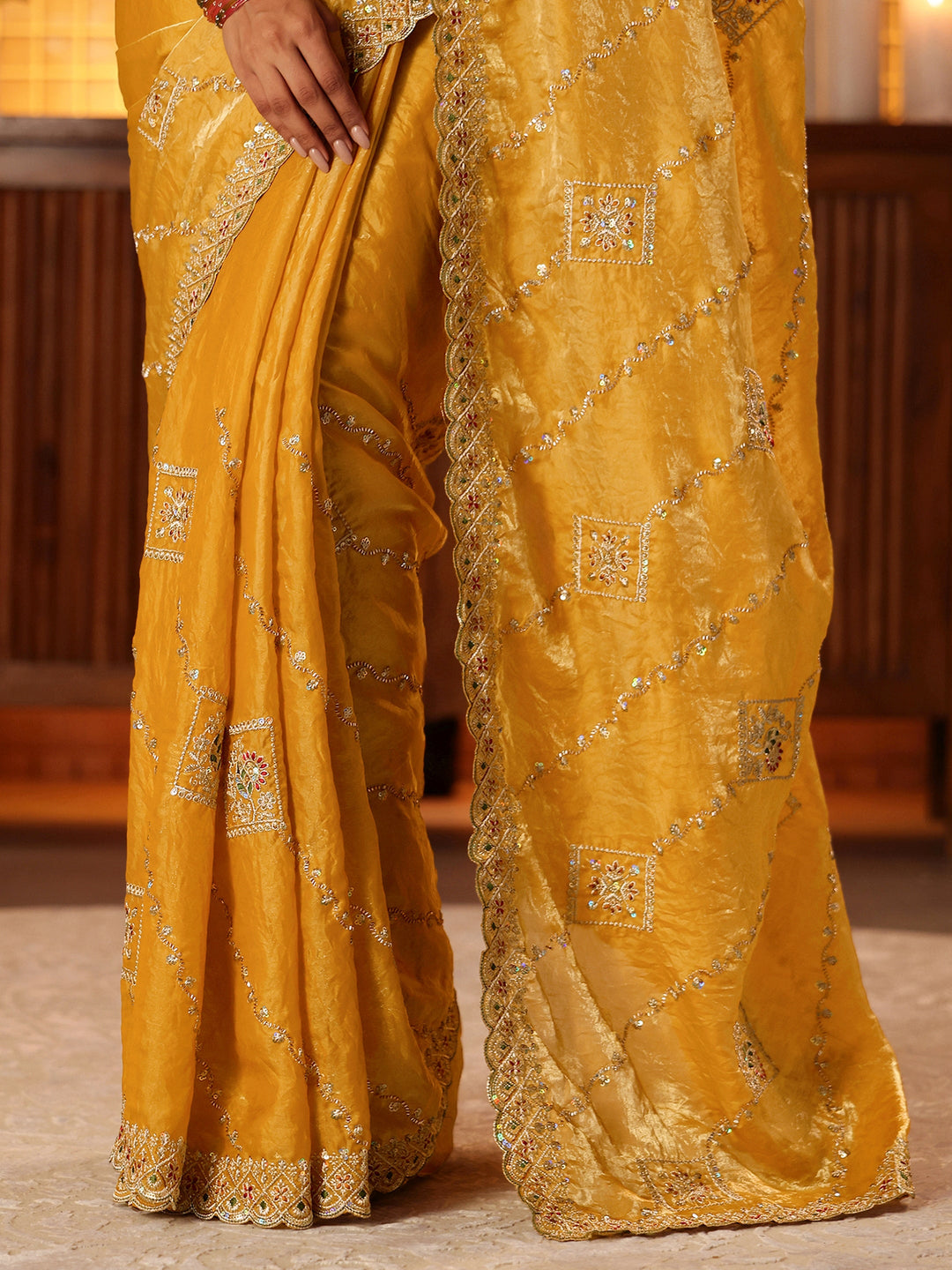  Mustard Ethnic Motif Embroidered Tissue Saree 
