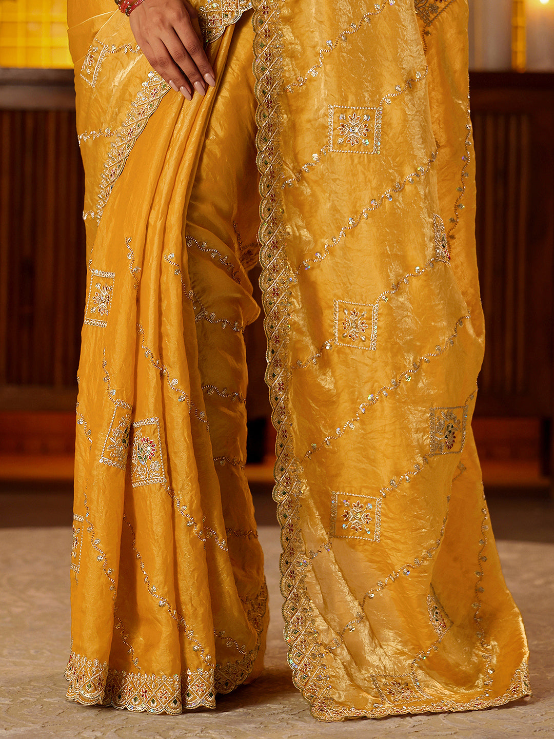  Libas Mustard Ethnic Motif Embroidered Tissue Saree 