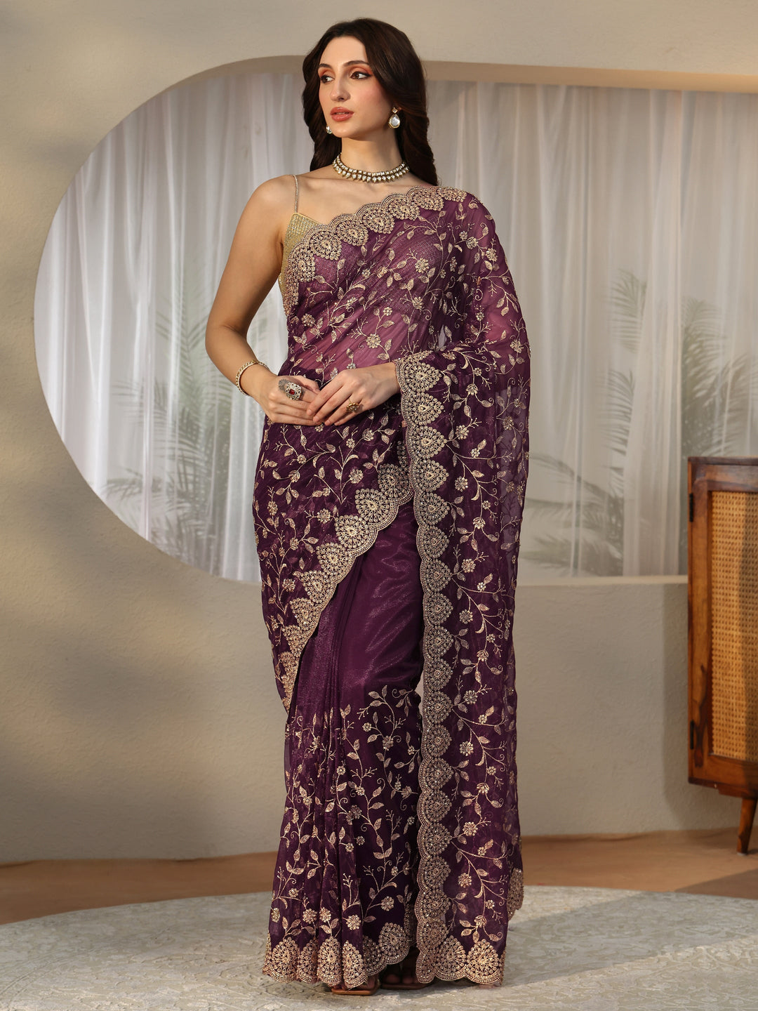  Burgundy Floral Embellished Net Saree 