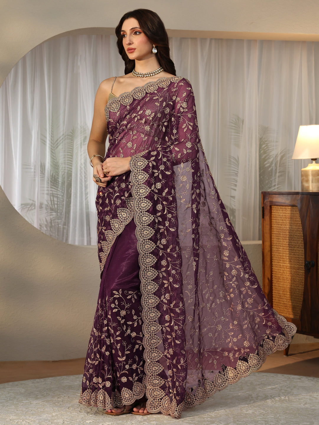  Burgundy Floral Embellished Net Saree 