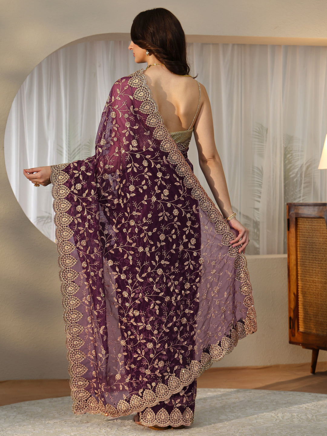  Burgundy Floral Embellished Net Saree 