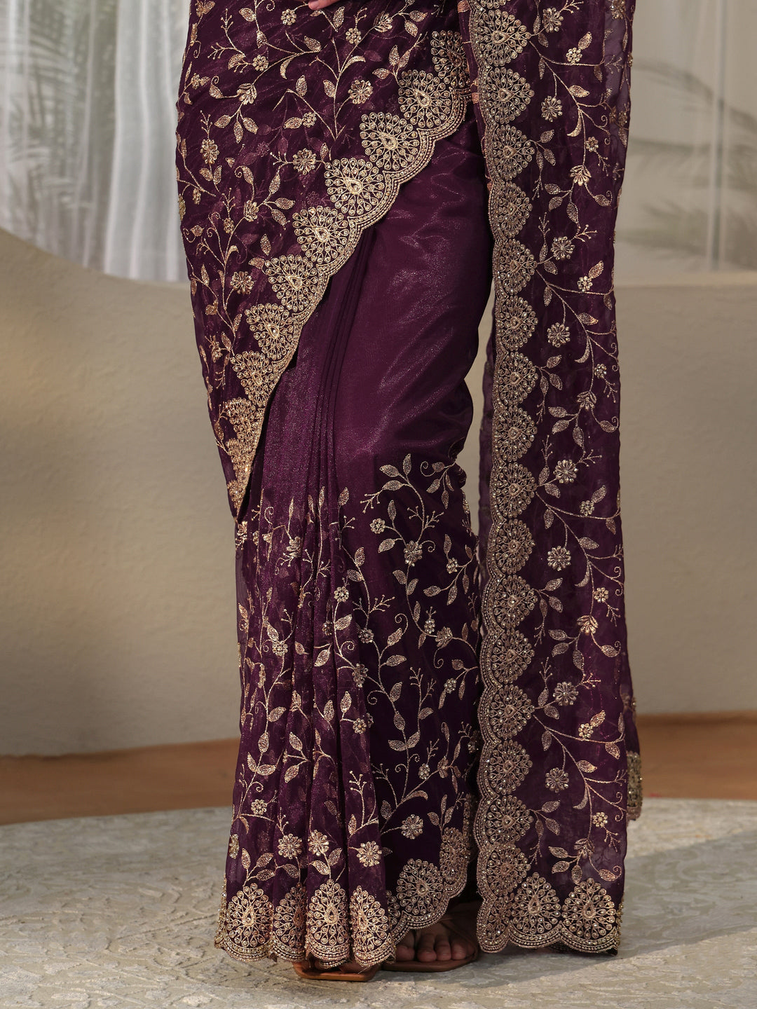  Burgundy Floral Embellished Net Saree 
