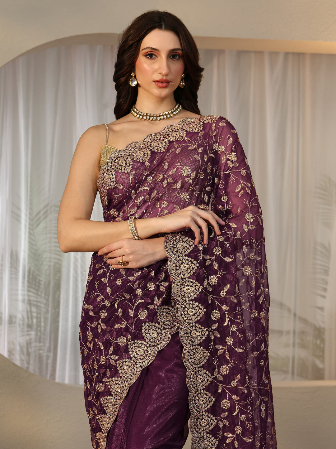  Burgundy Floral Embellished Net Saree 