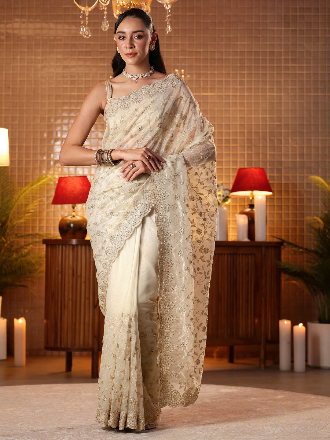  Cream Floral Embroidered Net Saree 