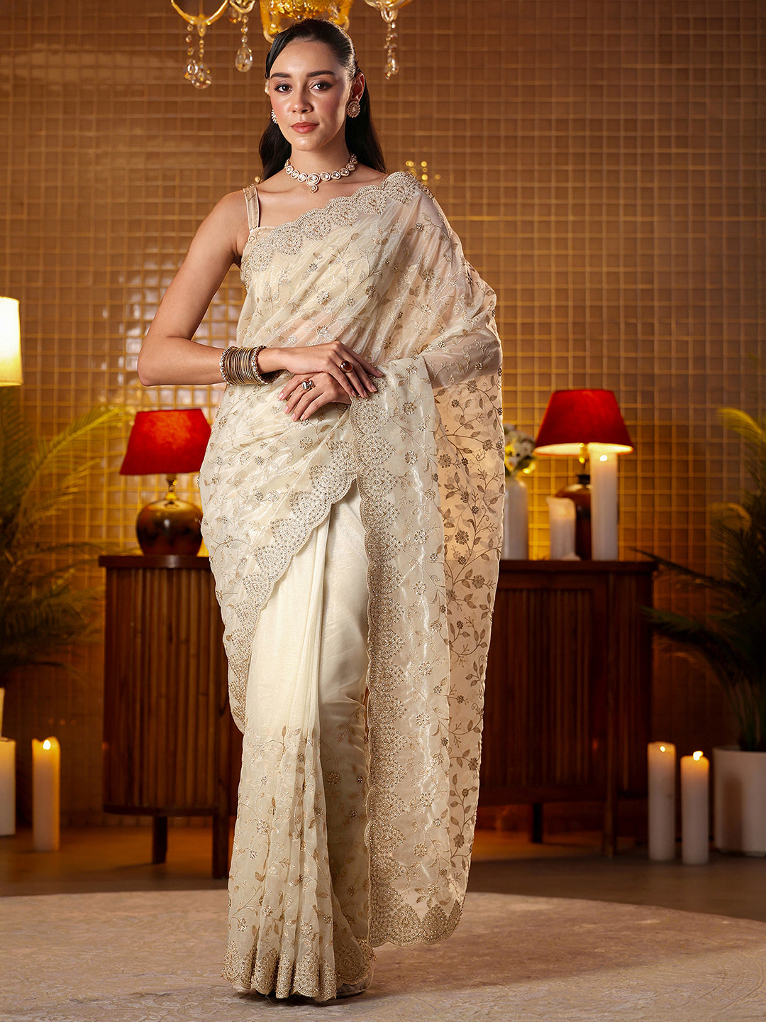  Libas Cream Floral Embroidered Net Saree 