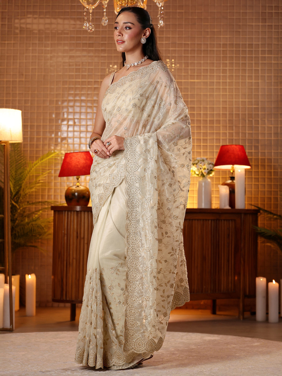  Cream Floral Embroidered Net Saree 
