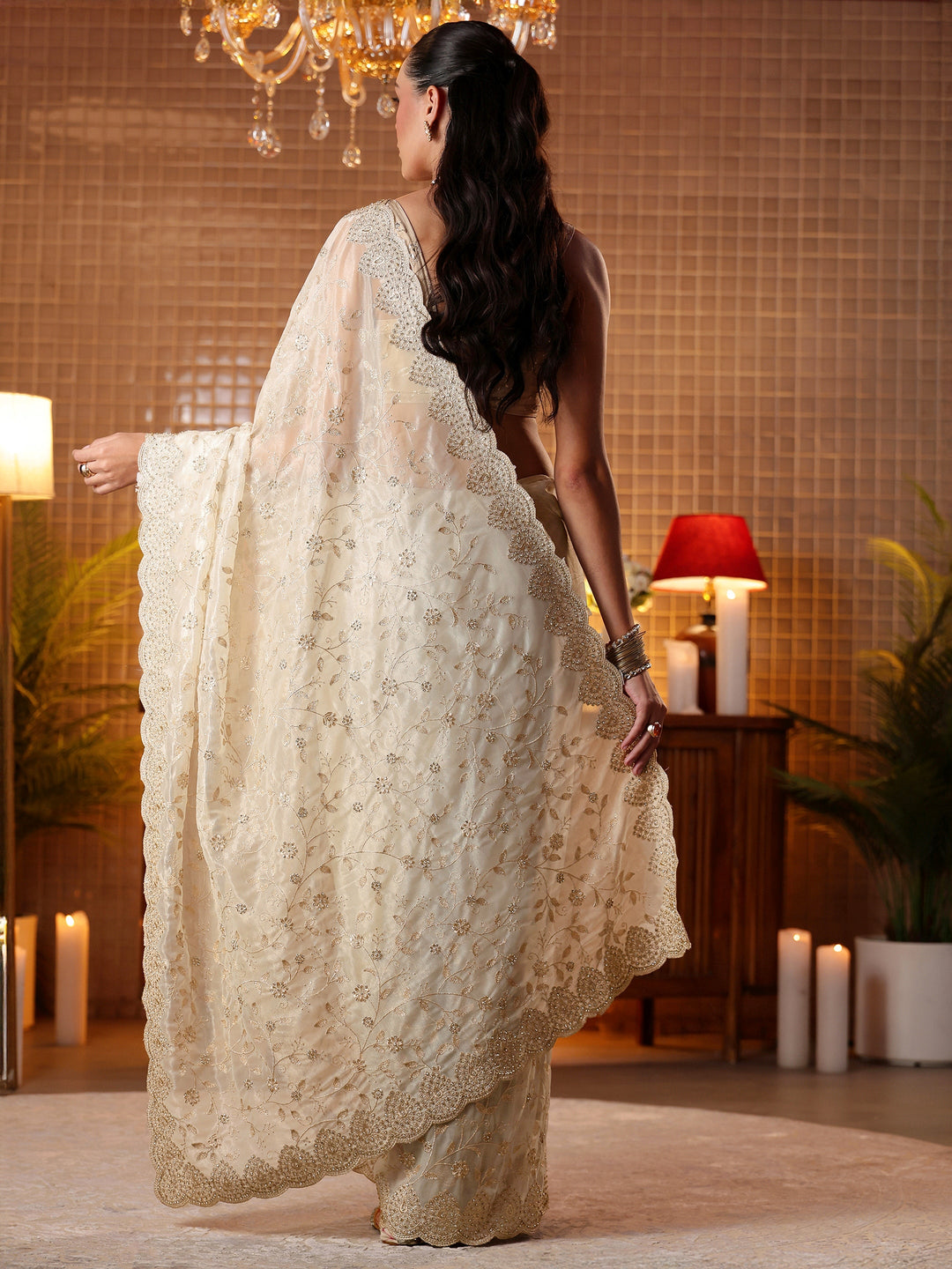  Cream Floral Embroidered Net Saree 