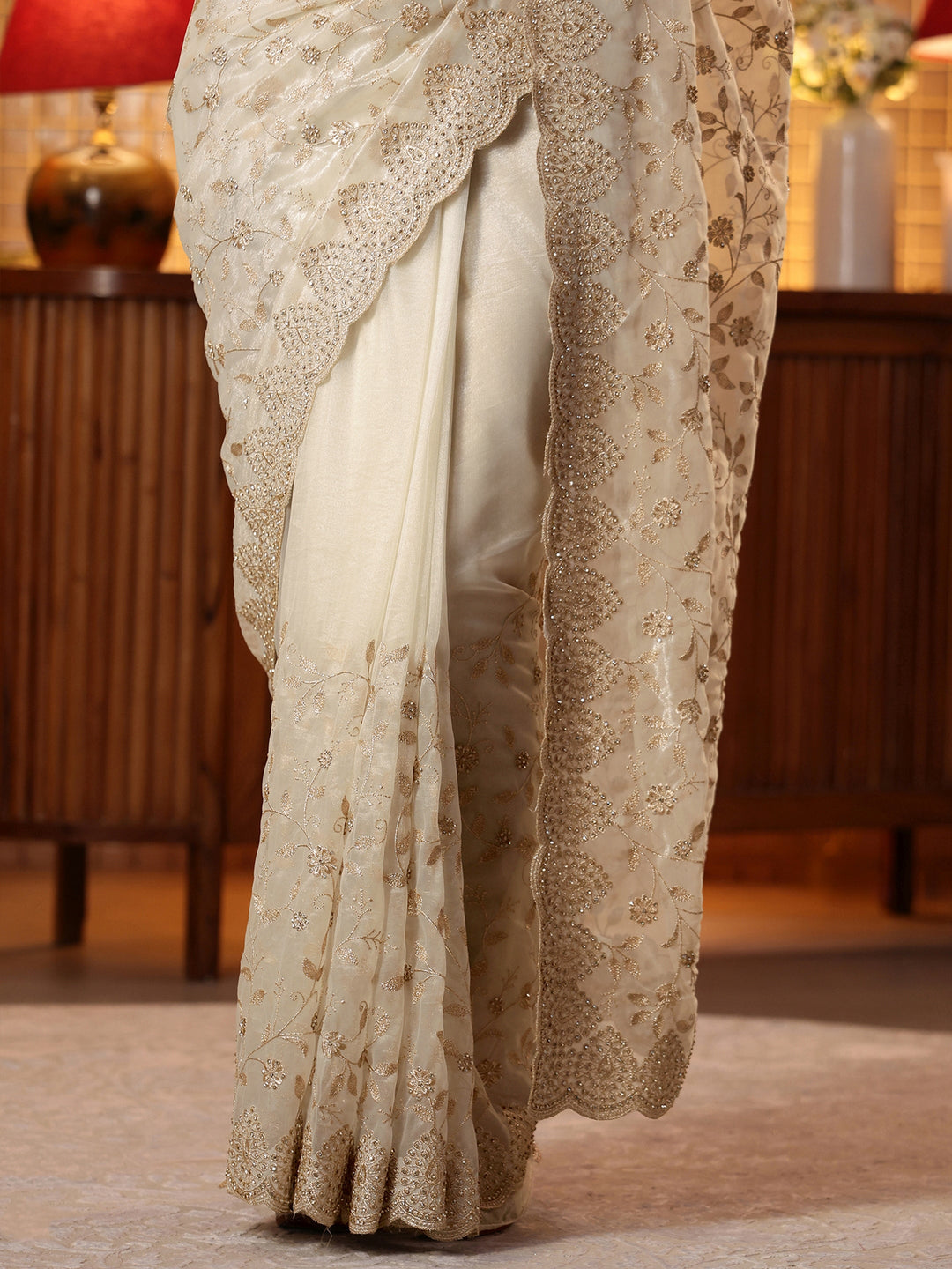  Cream Floral Embroidered Net Saree 