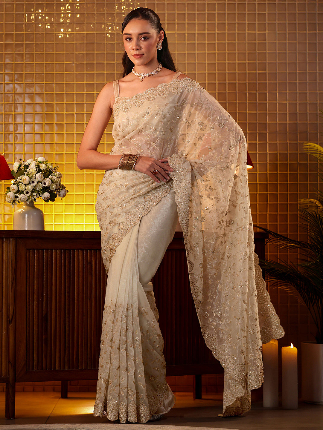 Libas Cream Floral Embroidered Net Saree