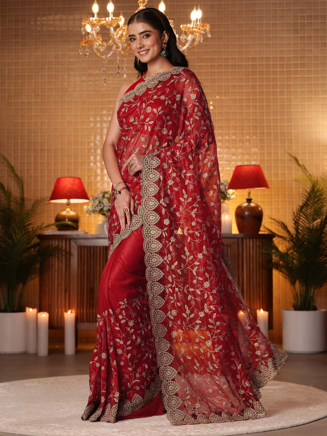 Red Floral Embroidered Net Saree 
