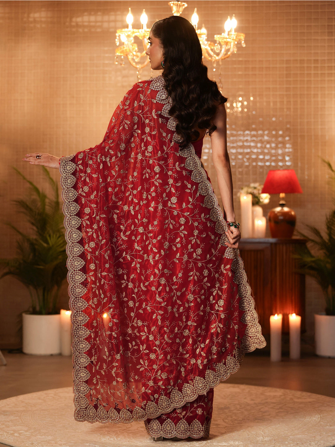  Red Floral Embroidered Net Saree 