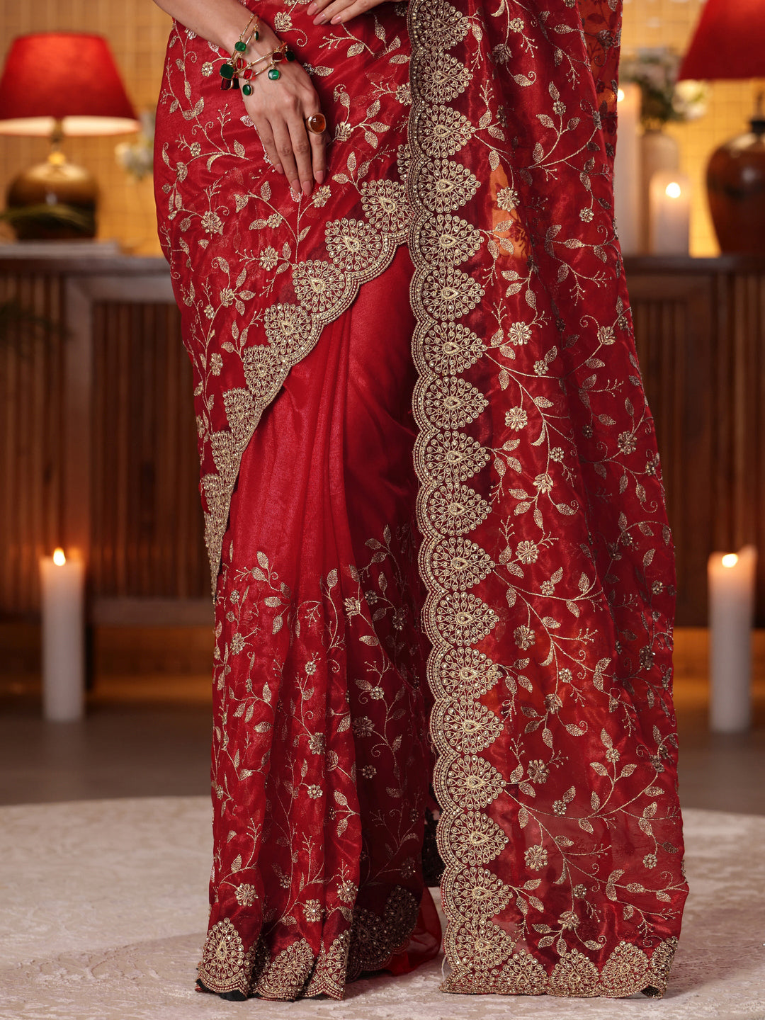  Red Floral Embroidered Net Saree 
