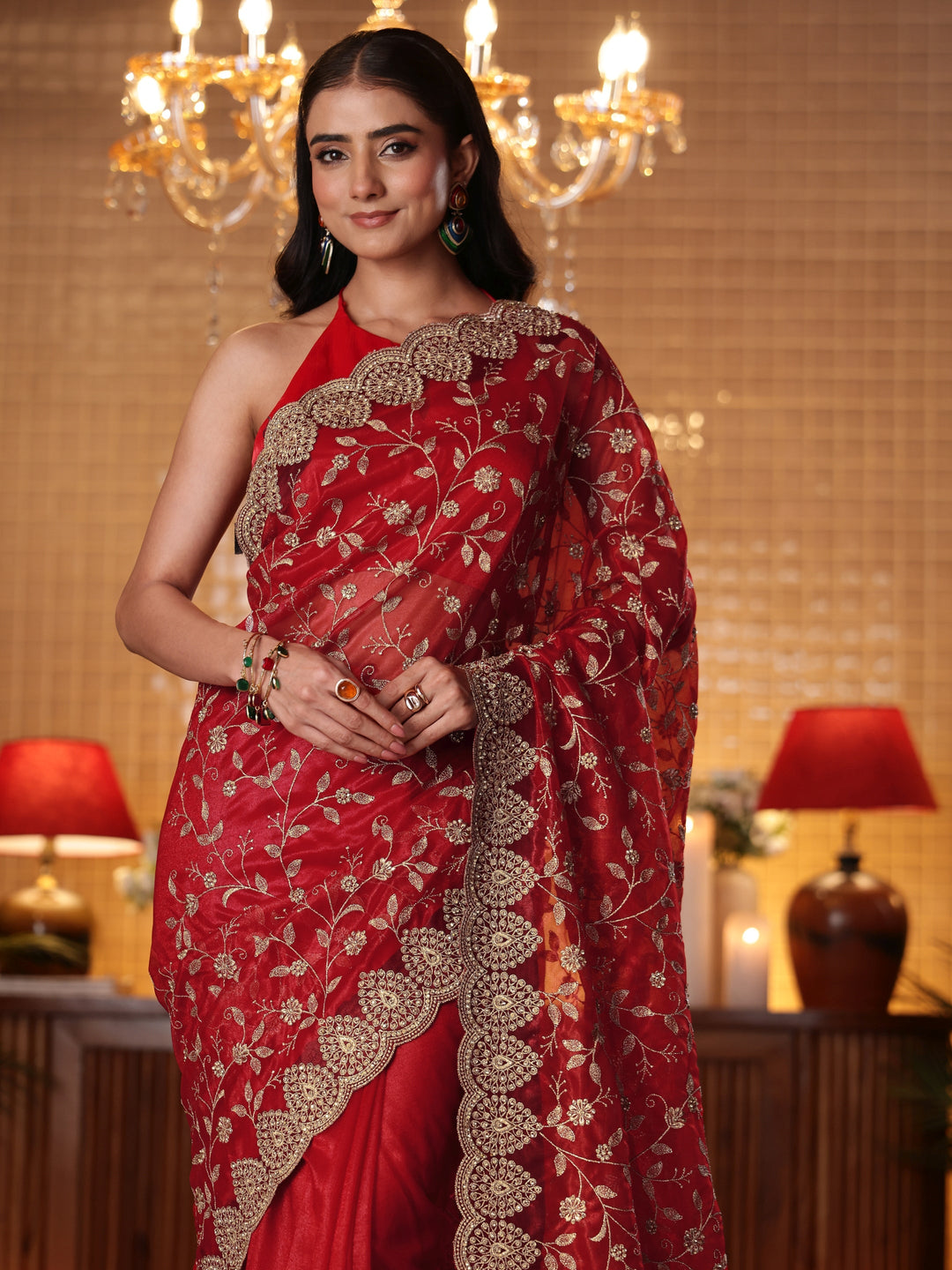  Red Floral Embroidered Net Saree 