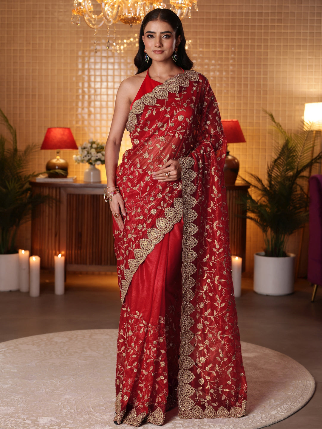  Red Floral Embroidered Net Saree 