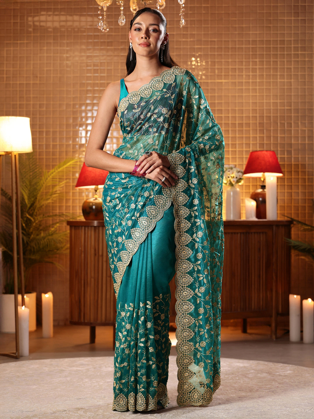  Green Floral Embroidered Net Saree 