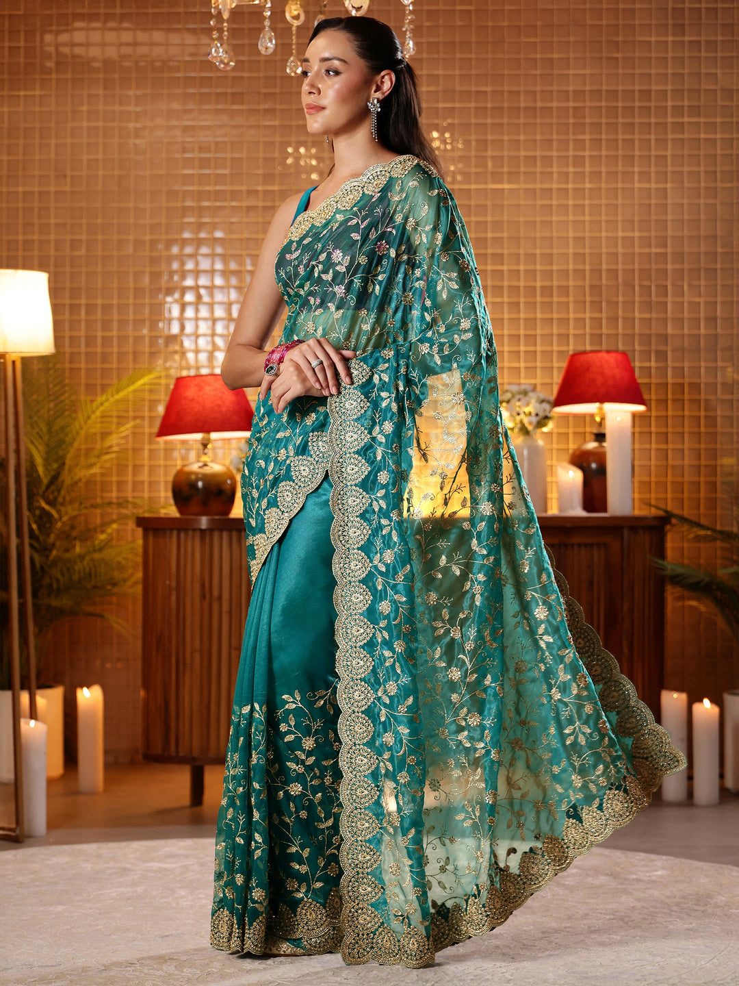  Green Floral Embroidered Net Saree 
