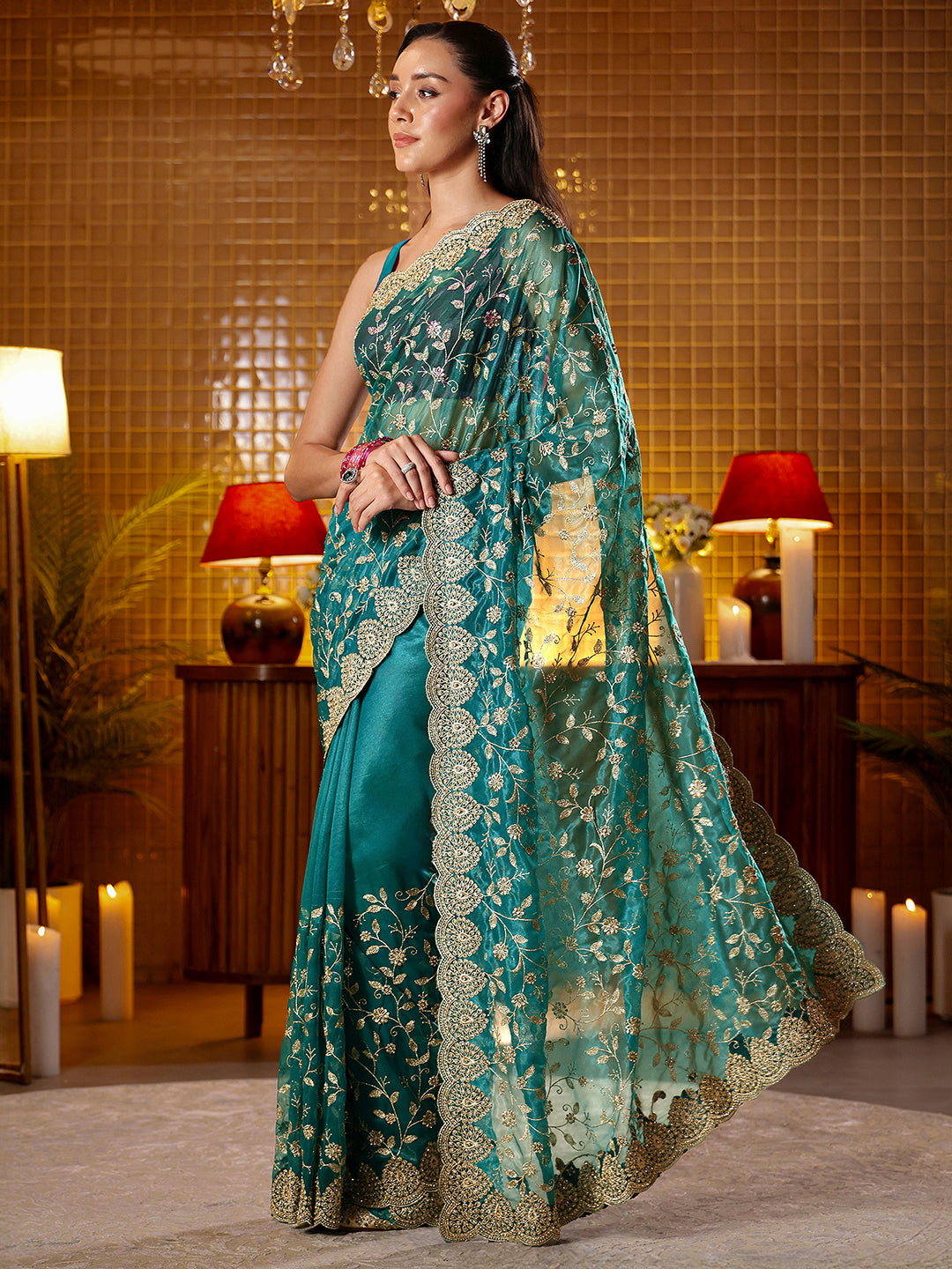  Libas Green Floral Embroidered Net Saree 