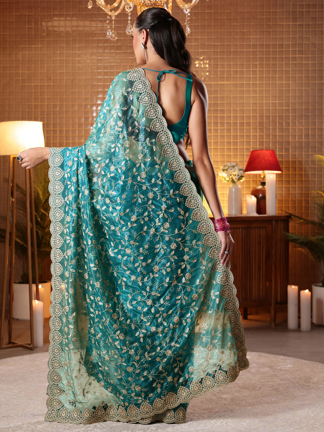  Green Floral Embroidered Net Saree 