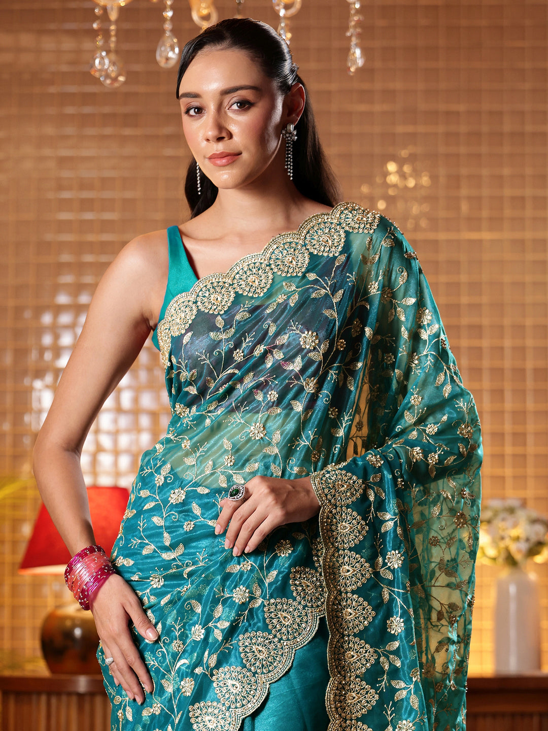  Green Floral Embroidered Net Saree 