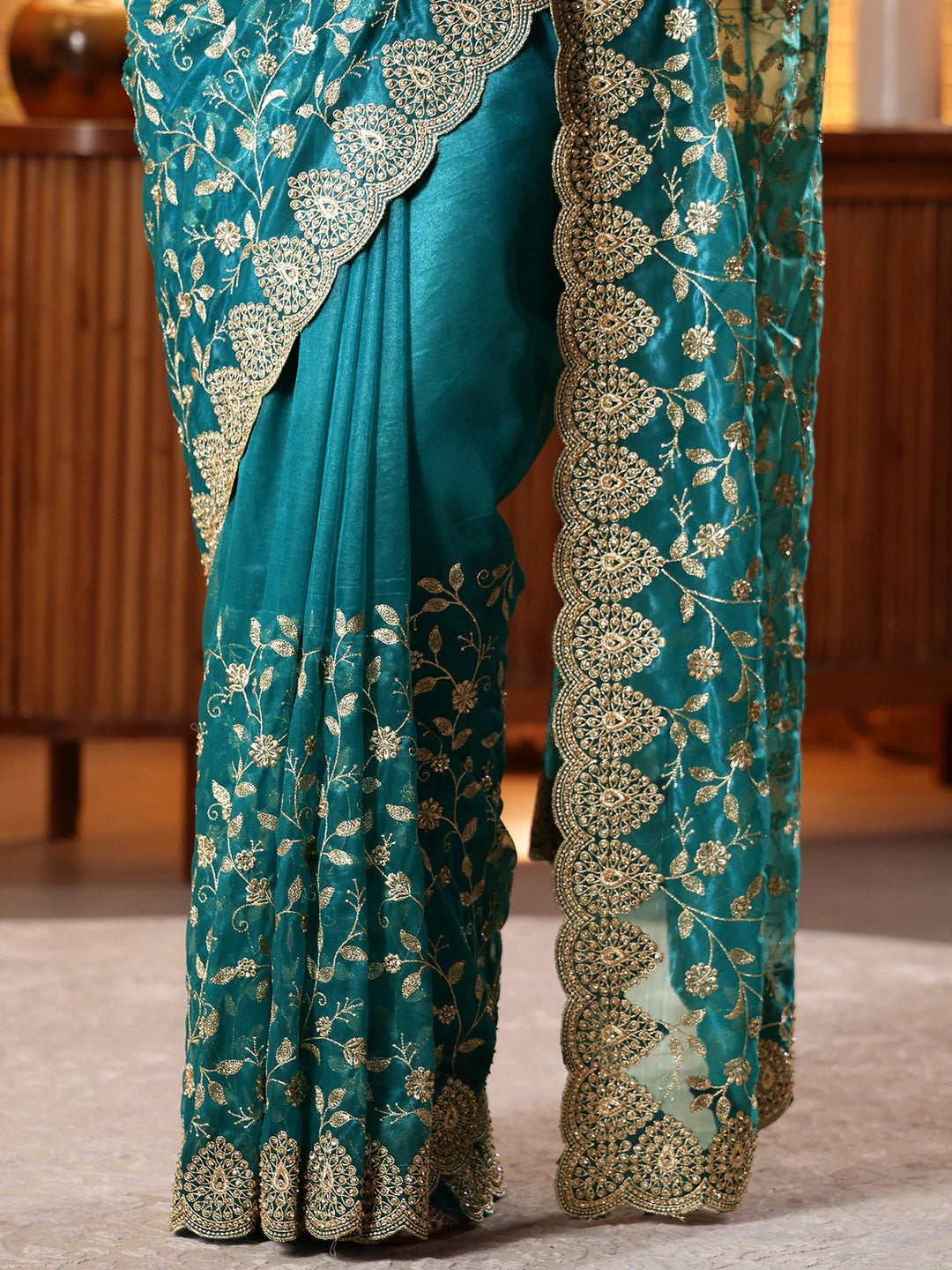 Green Floral Embroidered Net Saree 