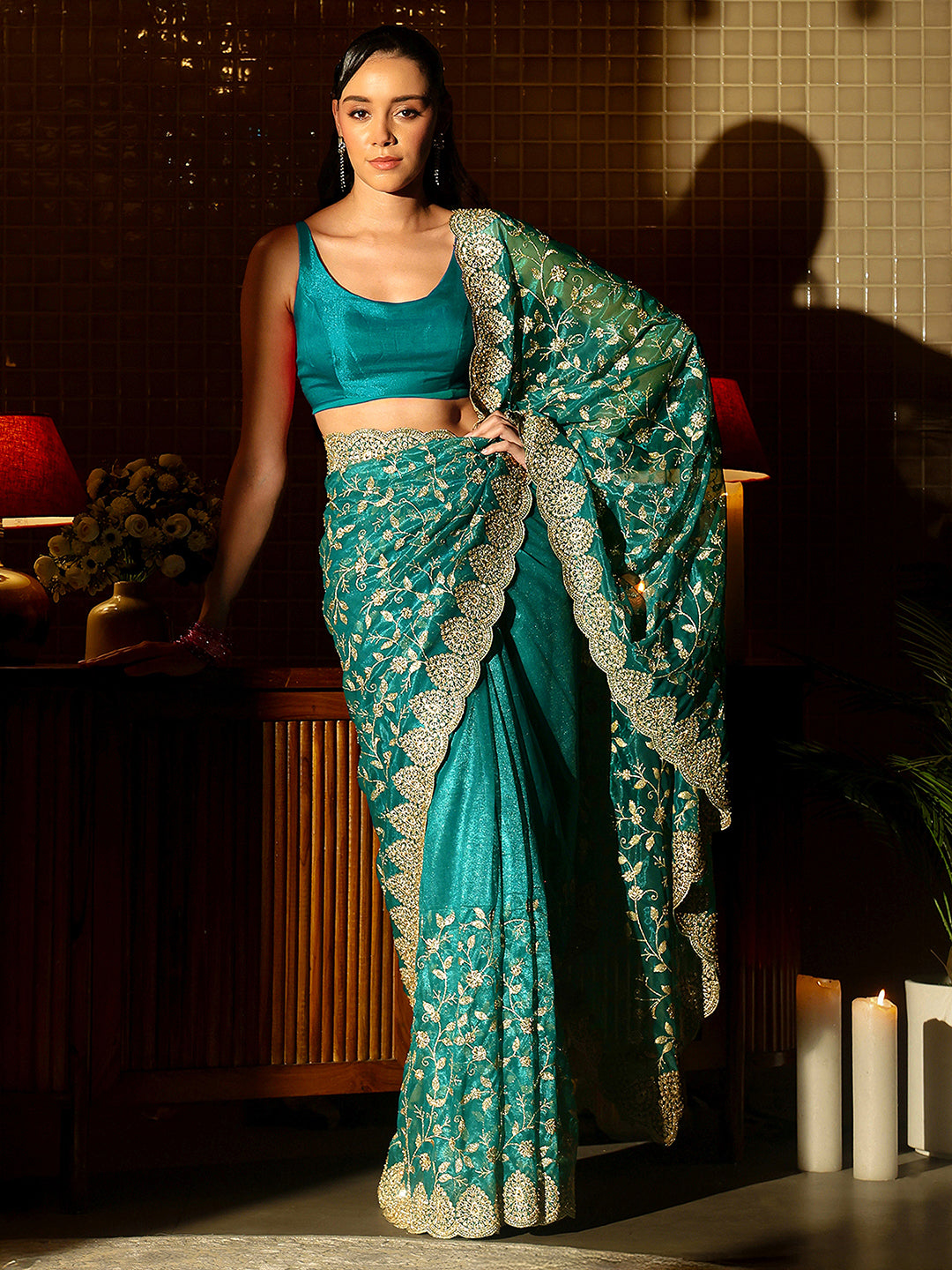 Libas Green Floral Embroidered Net Saree