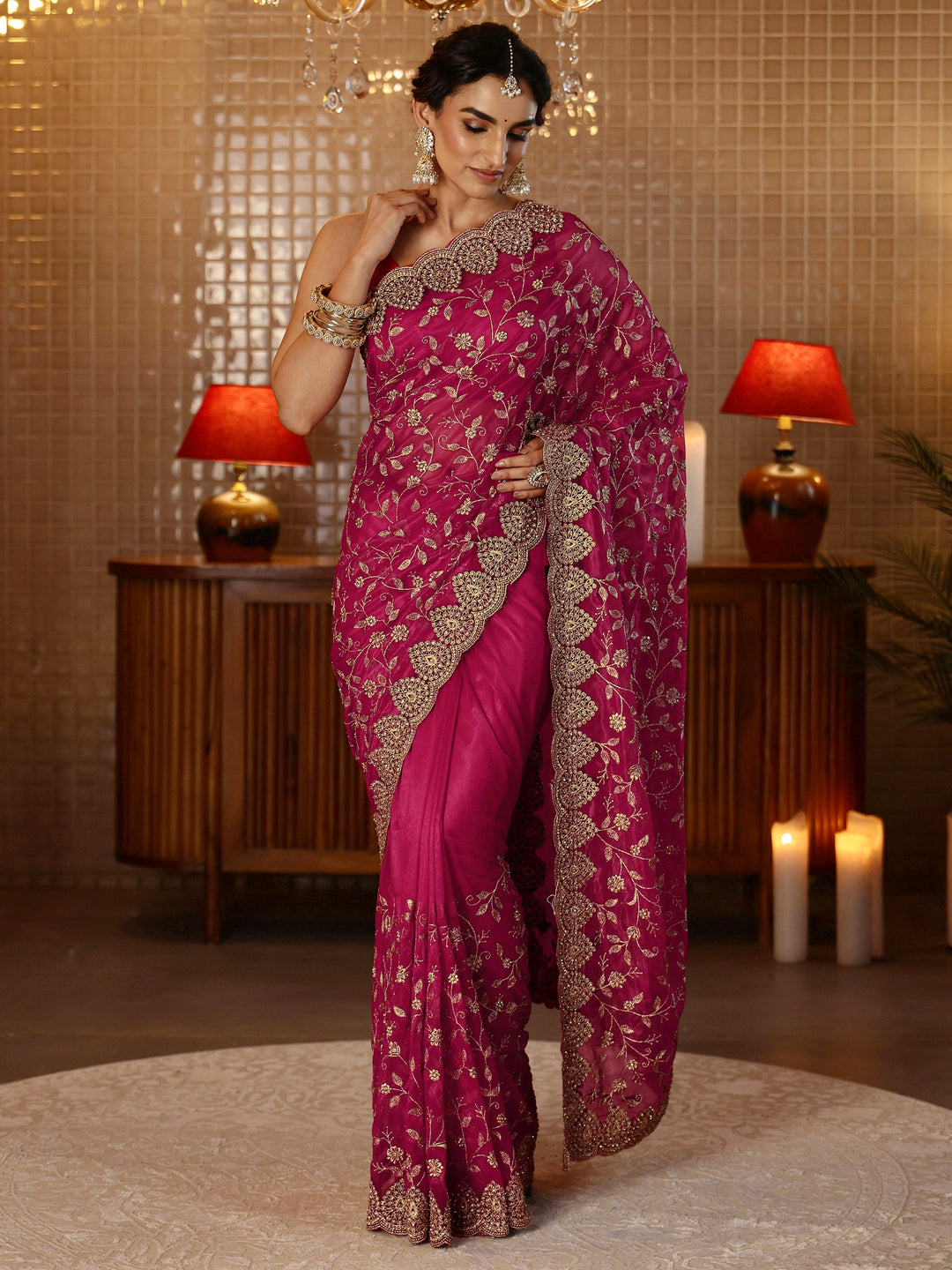  Rani Pink Floral Embroidered Net Saree 