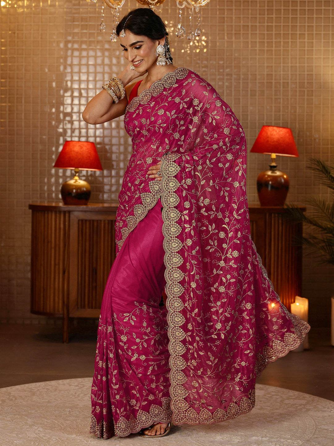  Rani Pink Floral Embroidered Net Saree 
