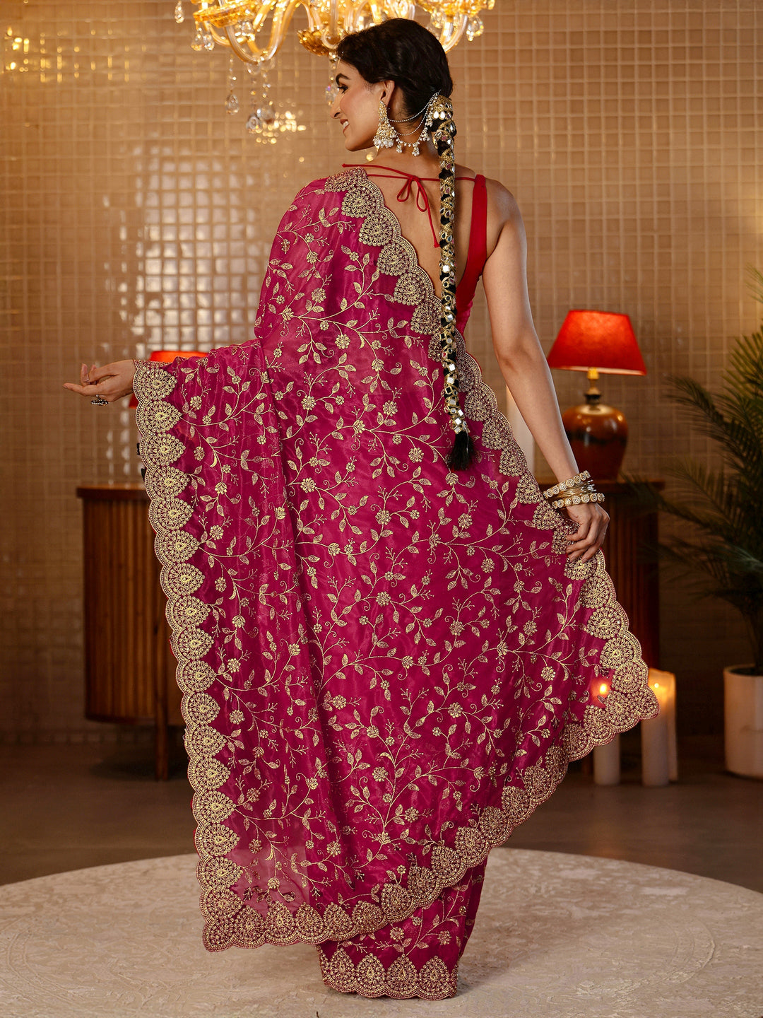  Rani Pink Floral Embroidered Net Saree 