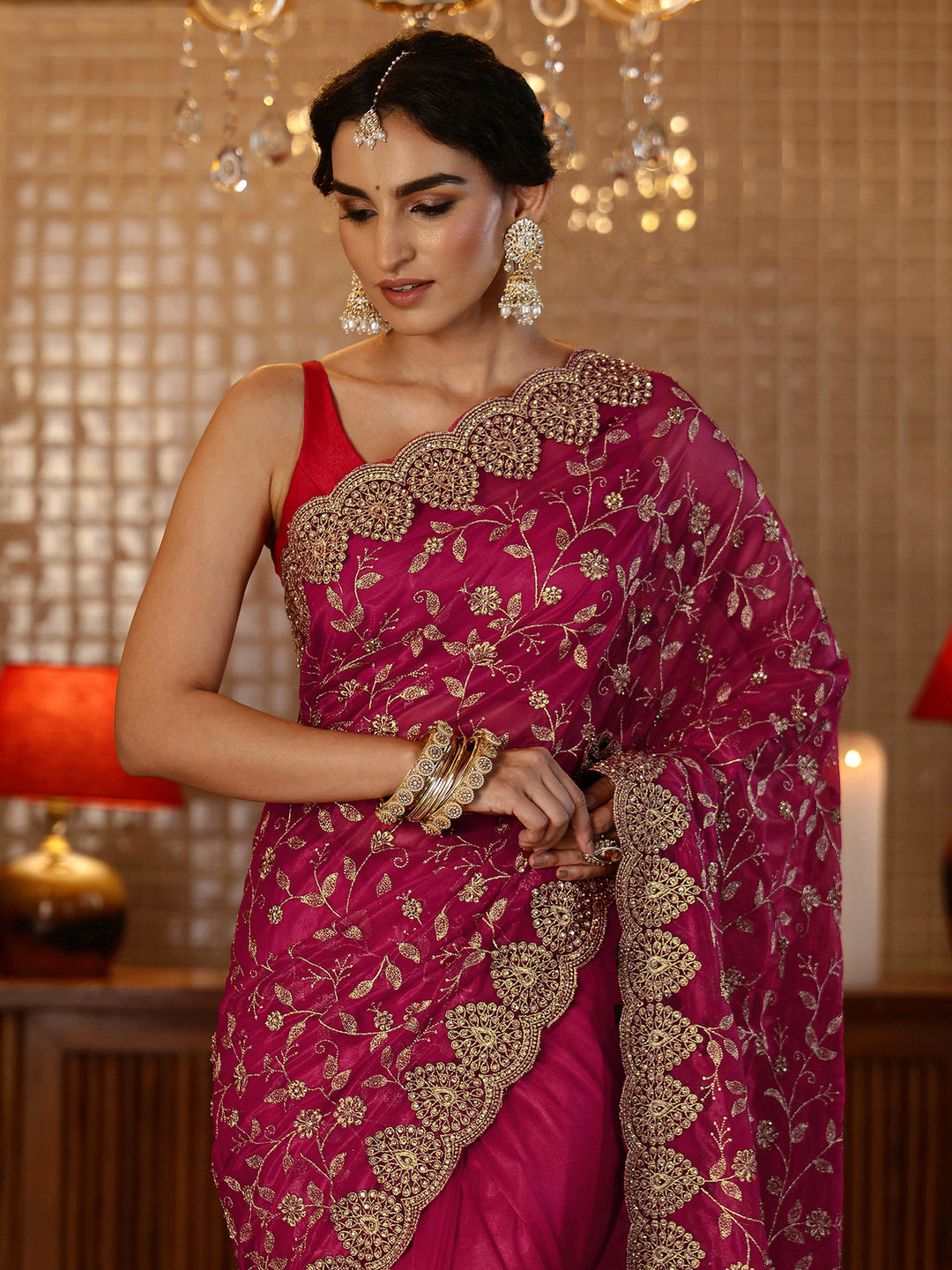  Rani Pink Floral Embroidered Net Saree 
