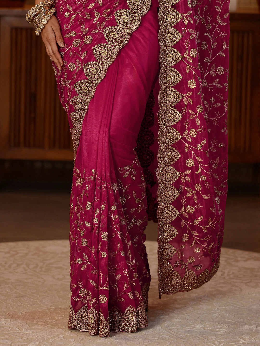  Rani Pink Floral Embroidered Net Saree 