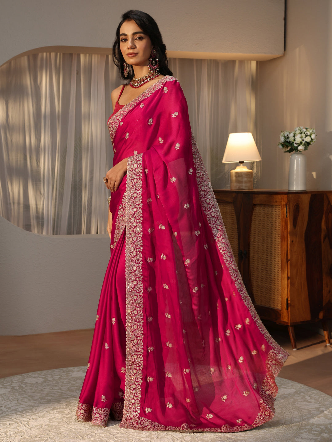  Rani Pink Floral Embroidered Chiffon Saree 