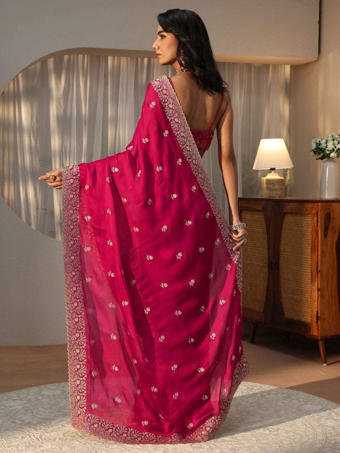  Rani Pink Floral Embroidered Chiffon Saree 