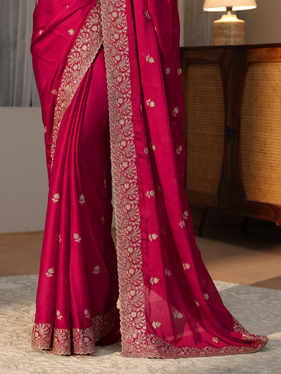  Rani Pink Floral Embroidered Chiffon Saree 