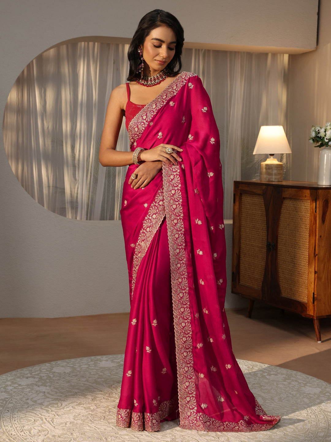  Rani Pink Floral Embroidered Chiffon Saree 