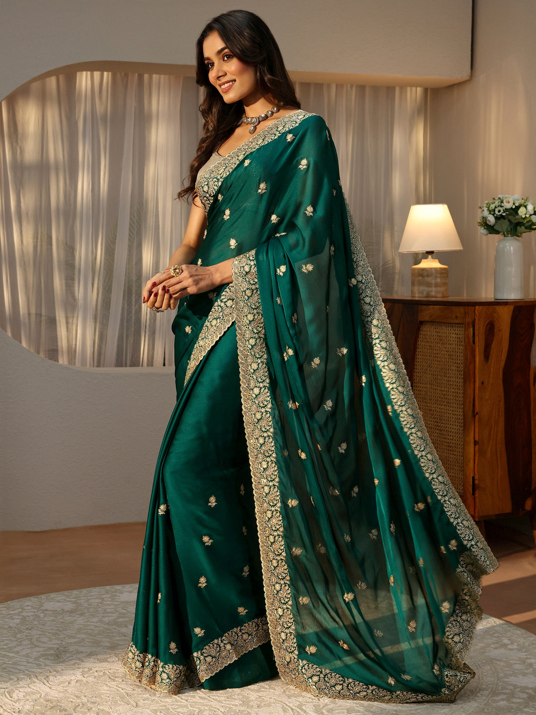  Bottle Green Floral Embroidered Chiffon Saree 