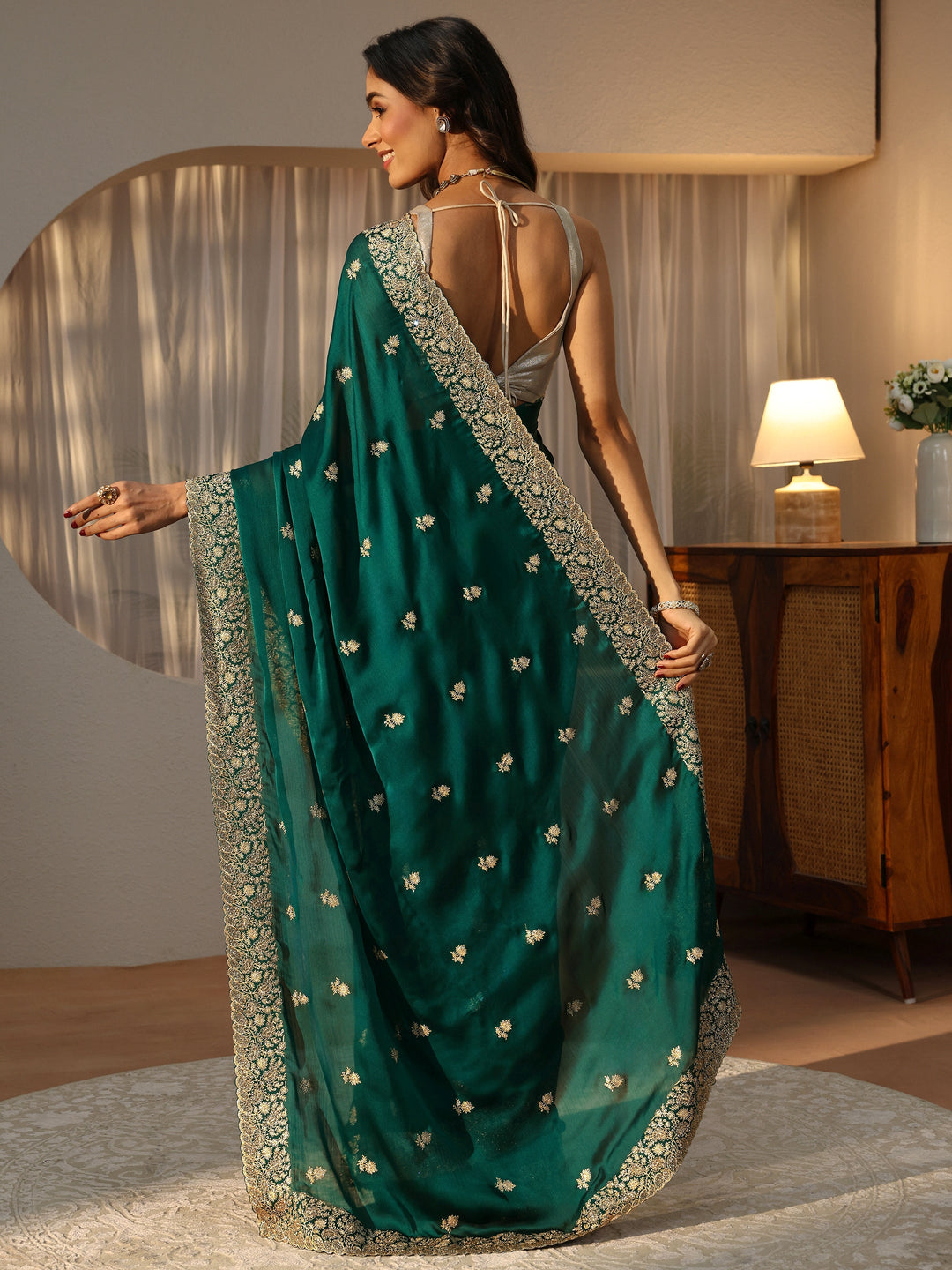  Bottle Green Floral Embroidered Chiffon Saree 