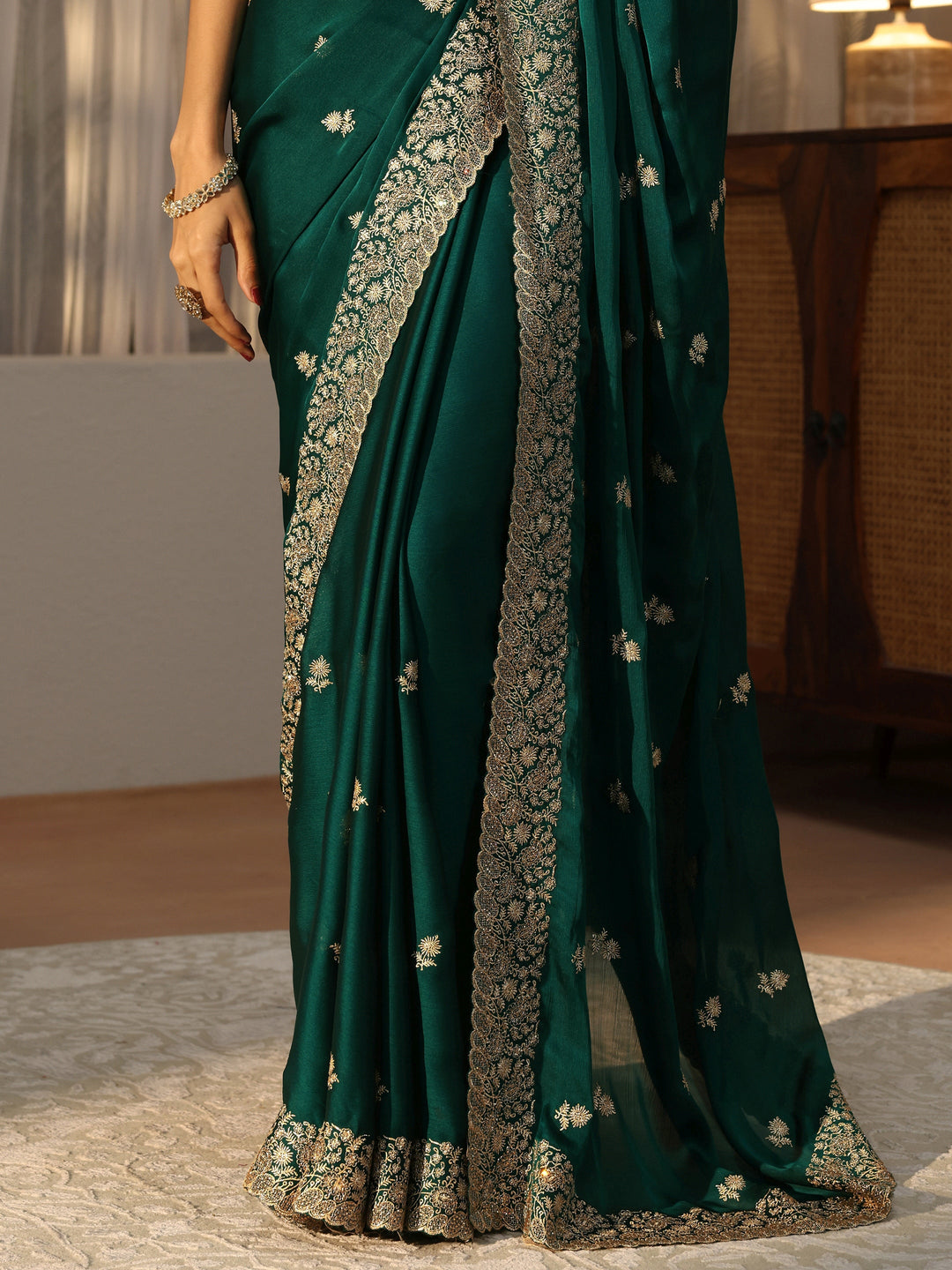  Bottle Green Floral Embroidered Chiffon Saree 
