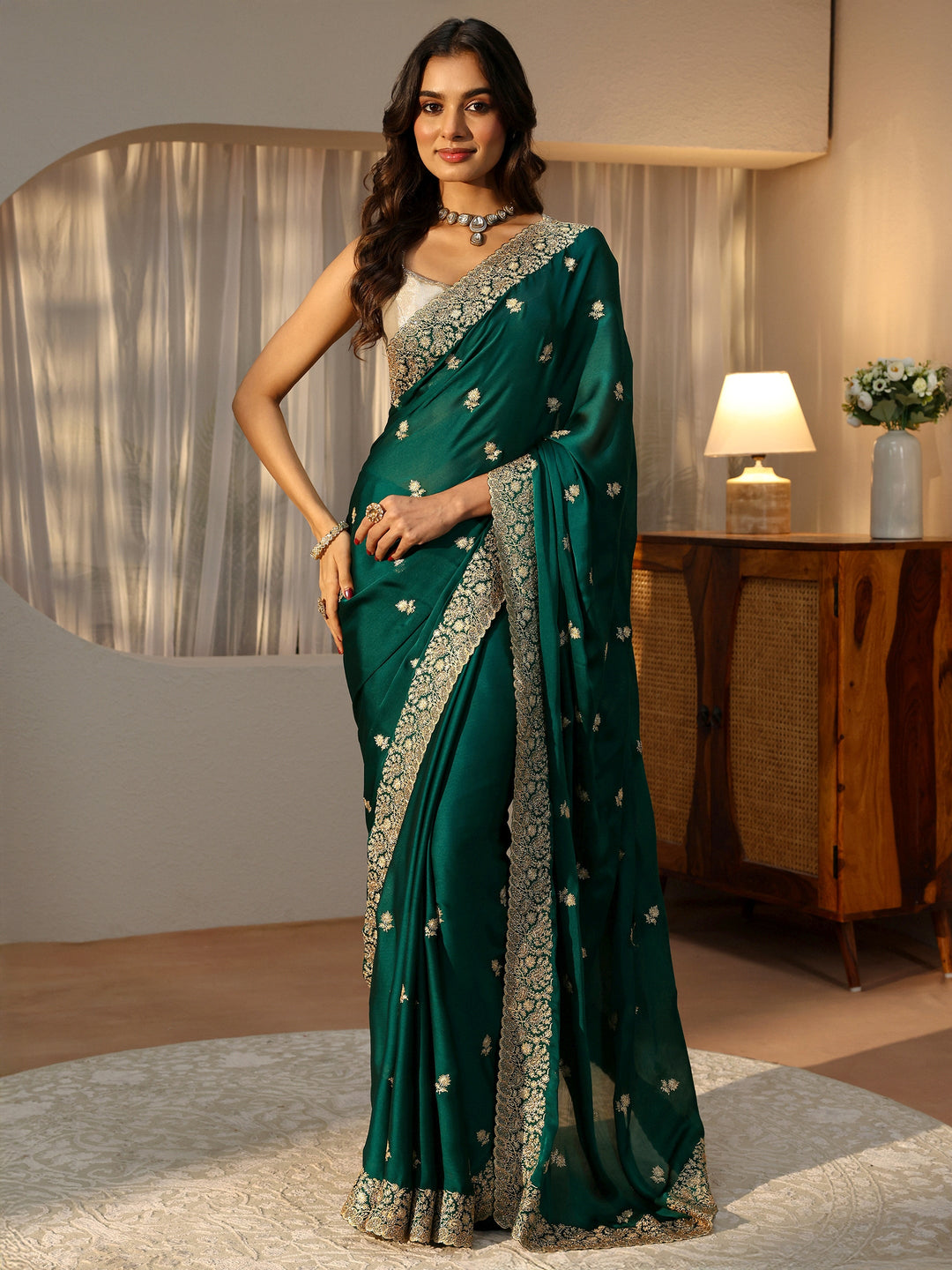  Bottle Green Floral Embroidered Chiffon Saree 