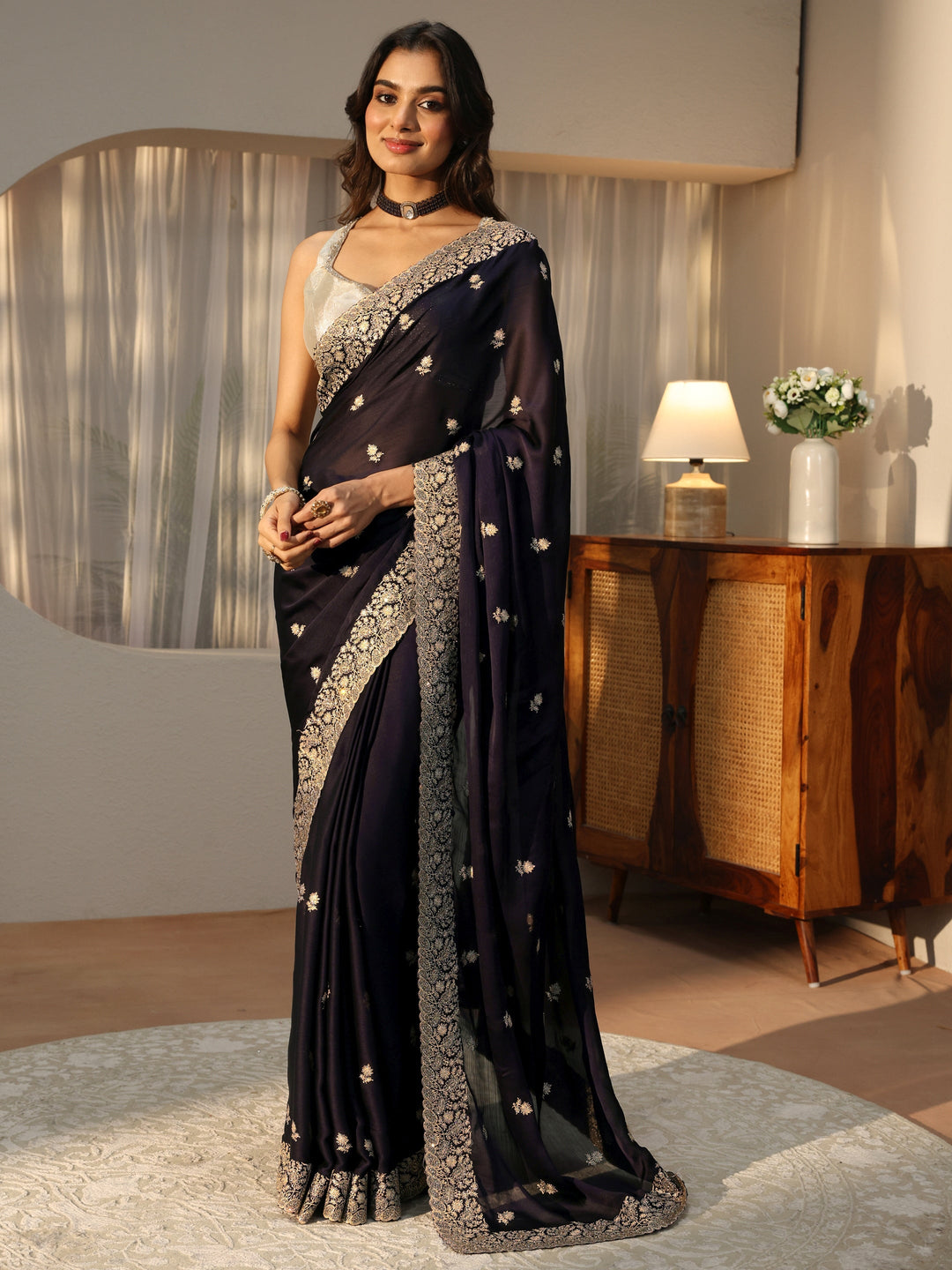  Purple Floral Embroidered Chiffon Saree 