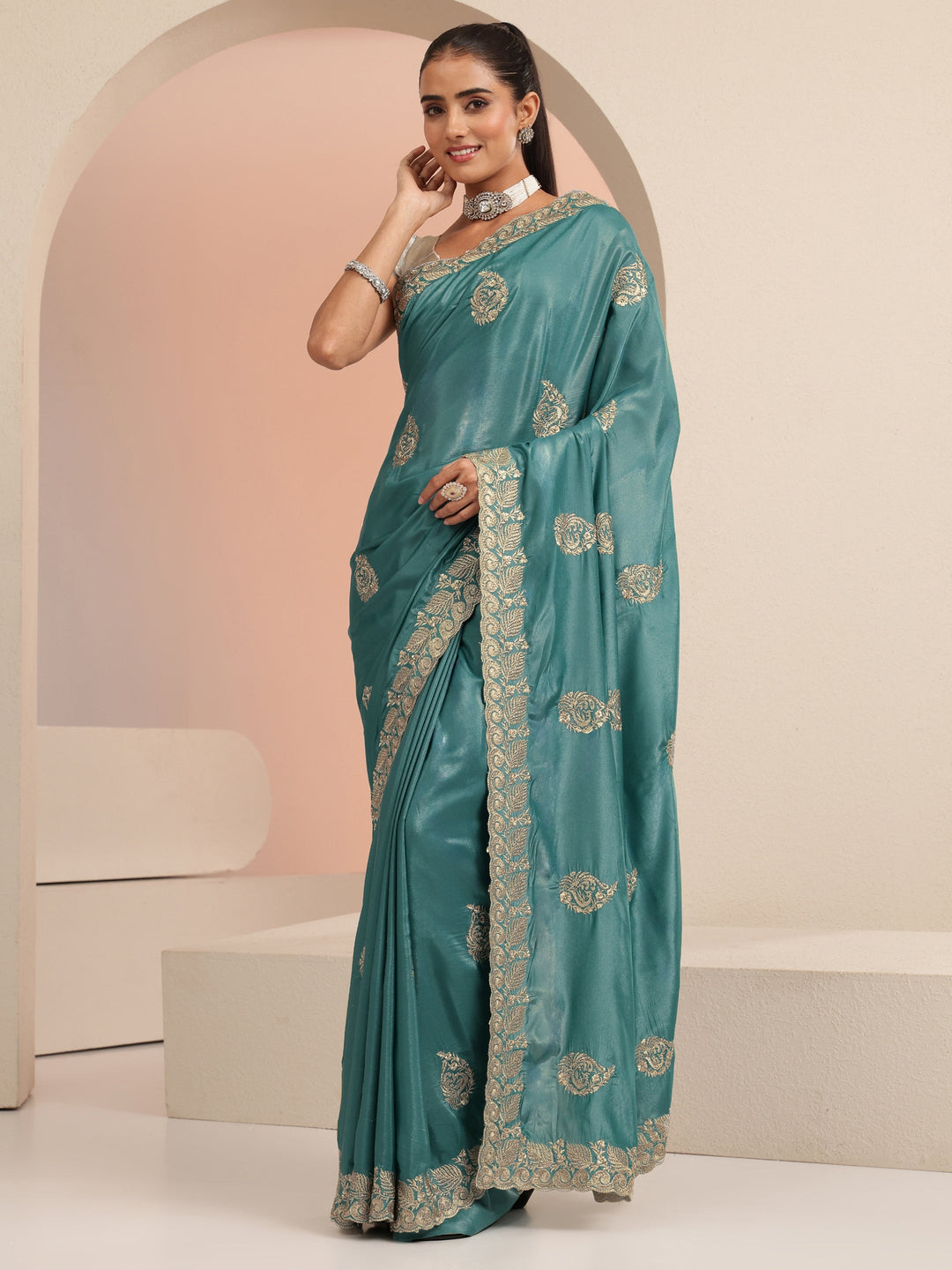  Teal Blue Ethnic Embroidered Satin Saree 