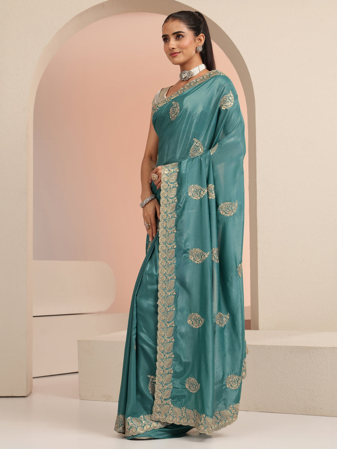  Teal Blue Ethnic Embroidered Satin Saree 