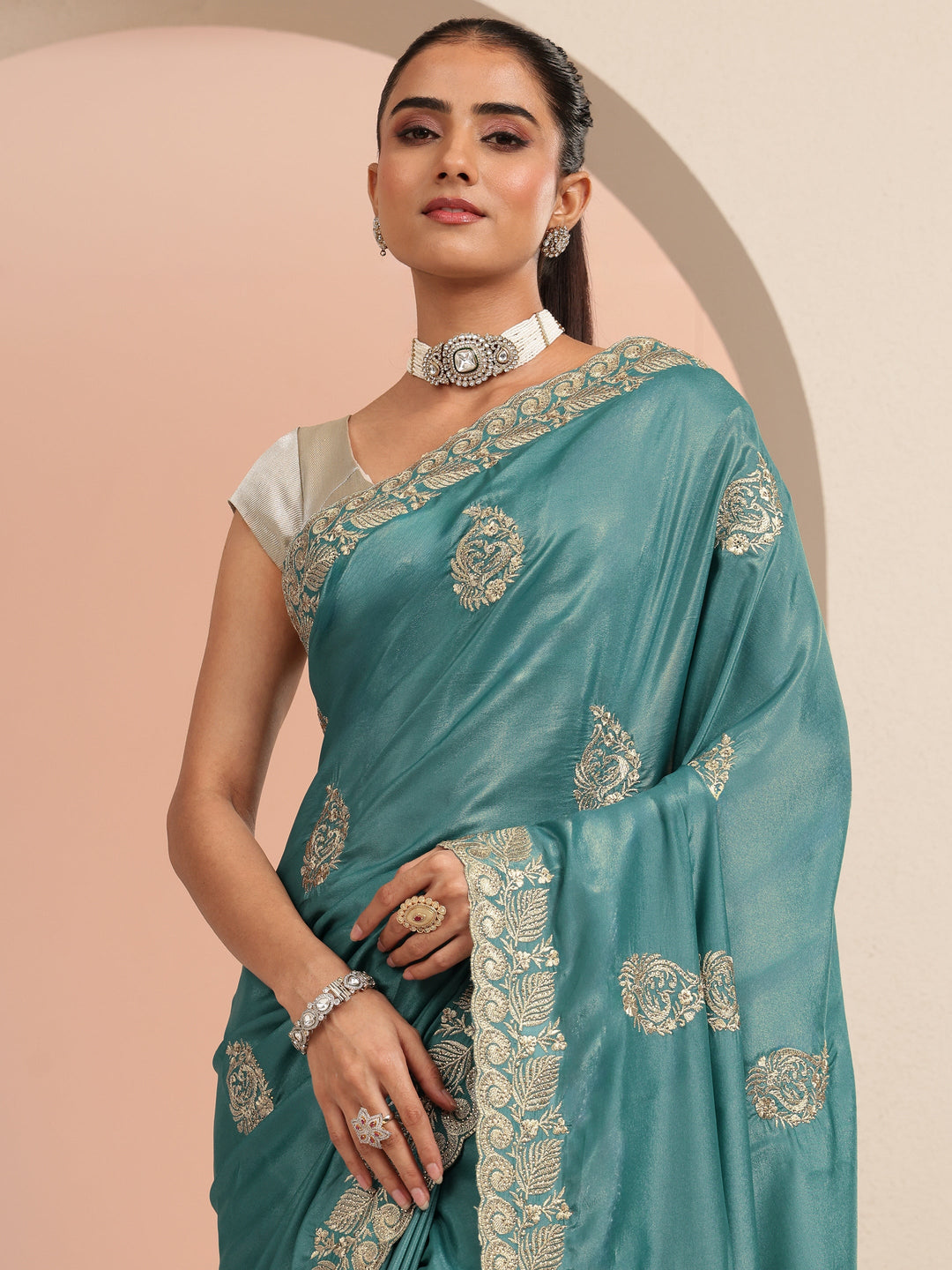  Teal Blue Ethnic Embroidered Satin Saree 