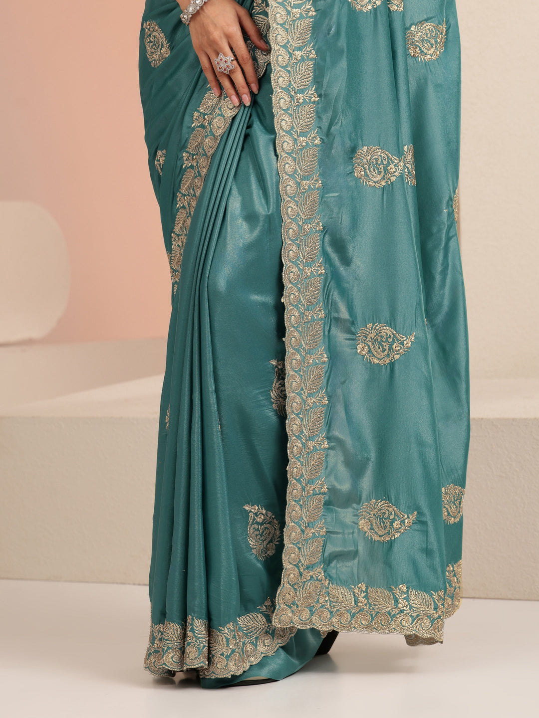  Teal Blue Ethnic Embroidered Satin Saree 