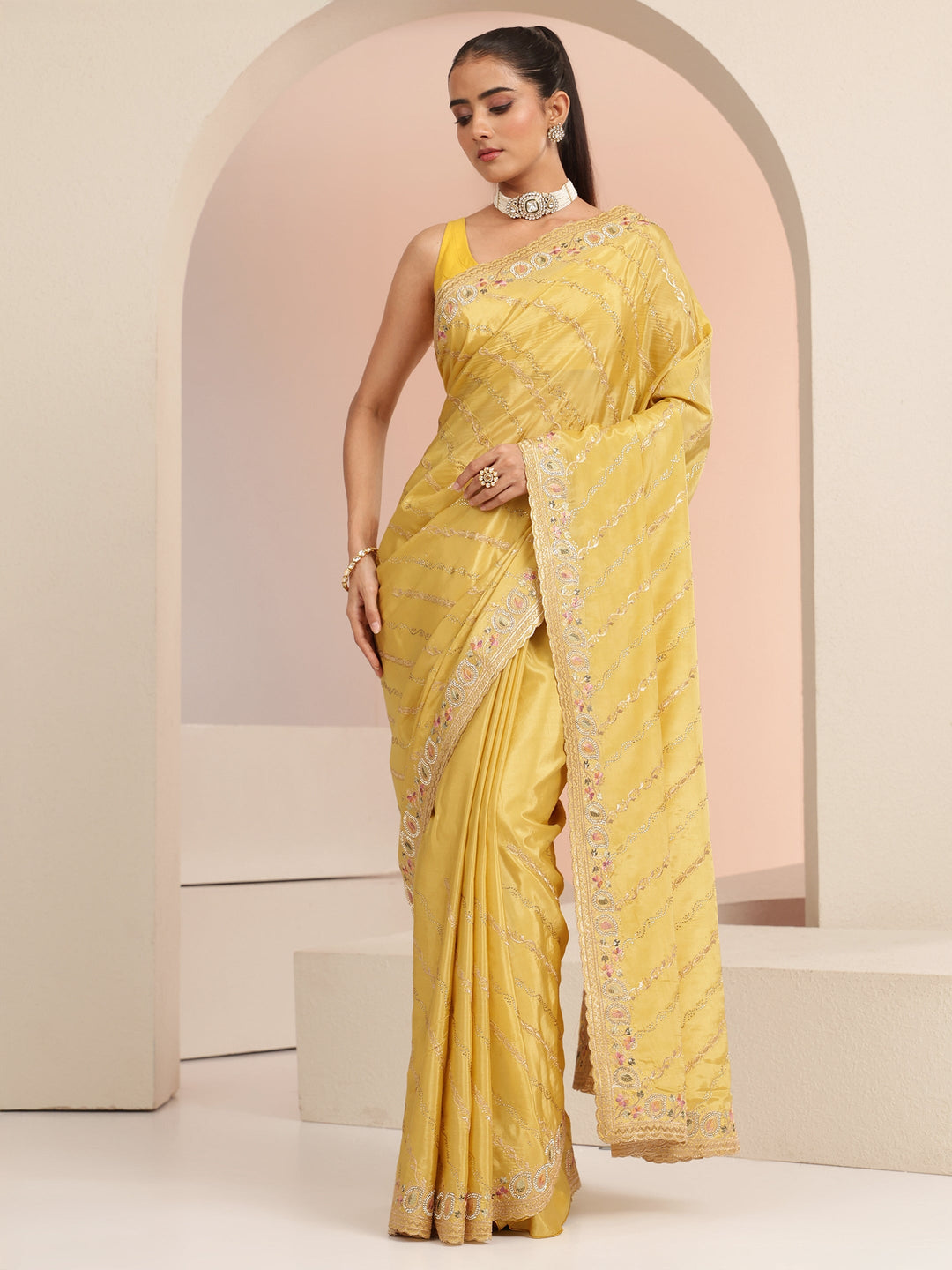  Mustard Ethnic Embroidered Satin Saree 