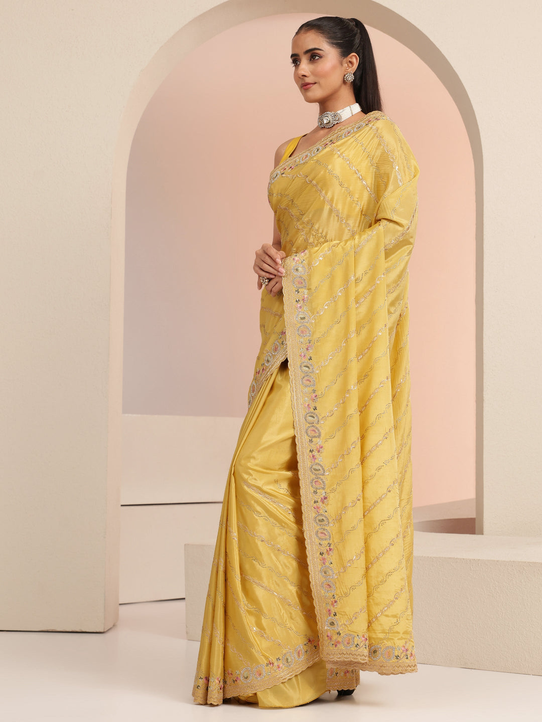  Mustard Ethnic Embroidered Satin Saree 