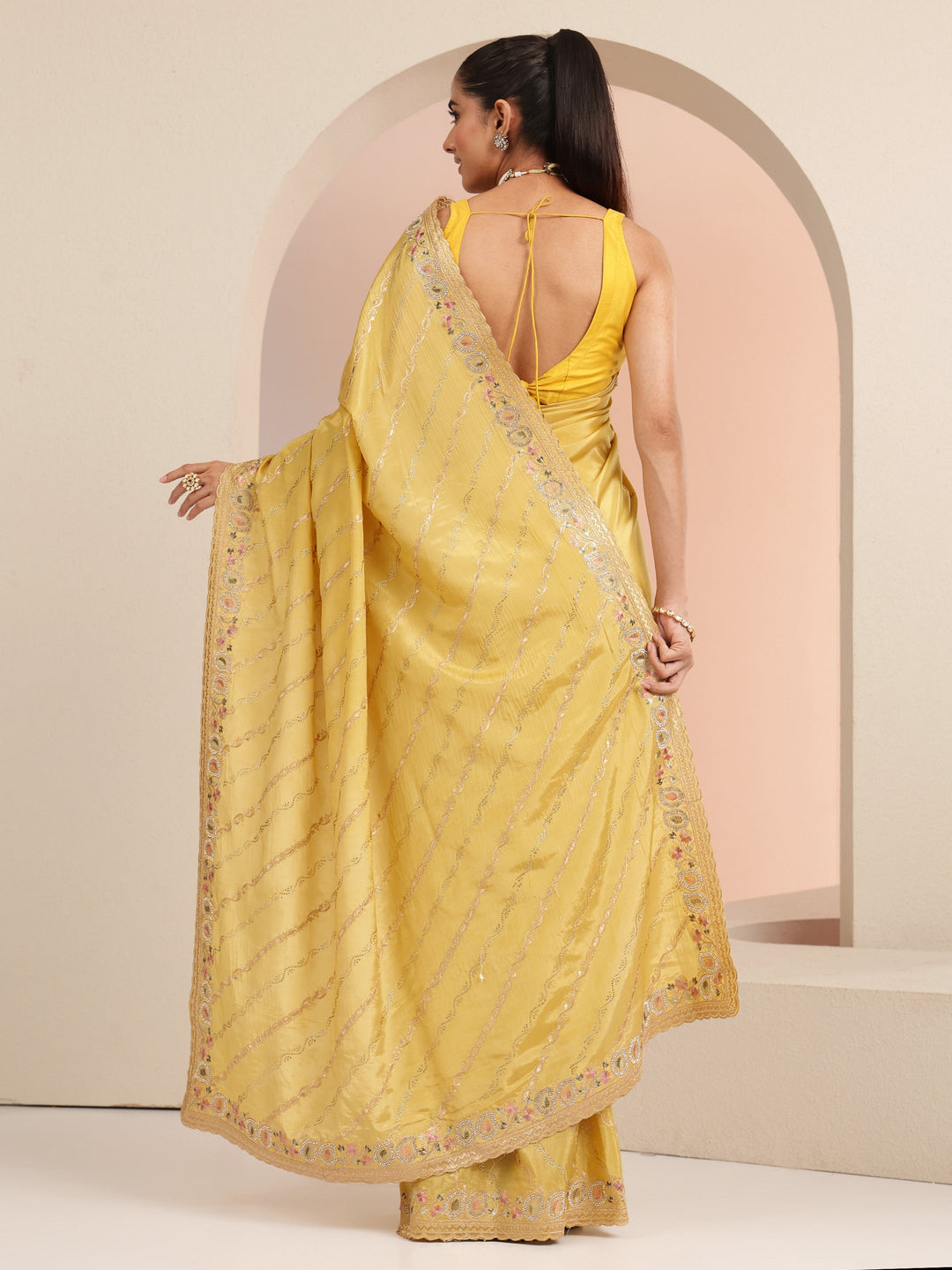  Mustard Ethnic Embroidered Satin Saree 