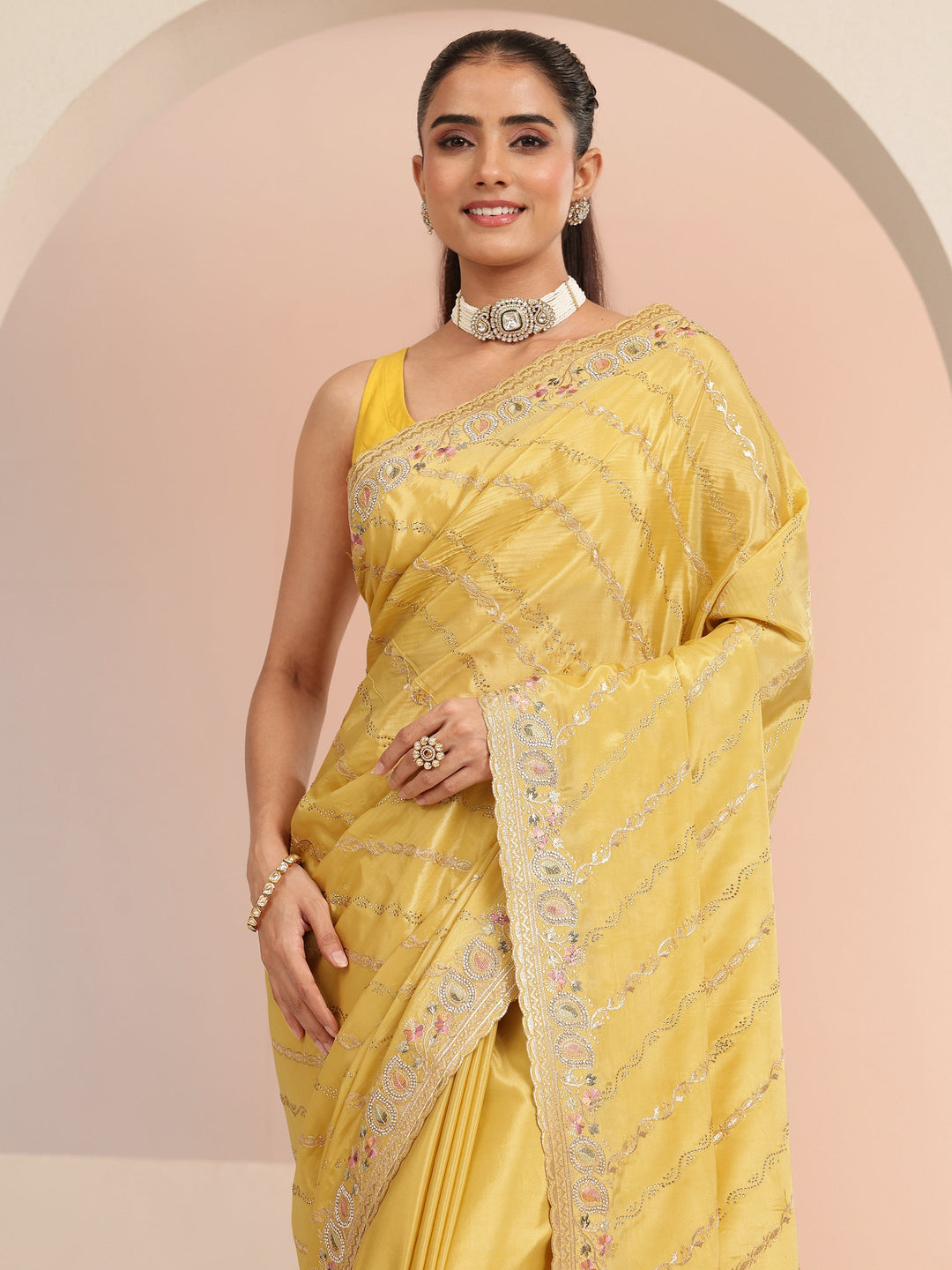  Mustard Ethnic Embroidered Satin Saree 