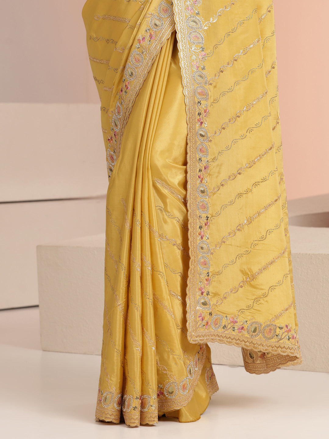 Mustard Ethnic Embroidered Satin Saree 