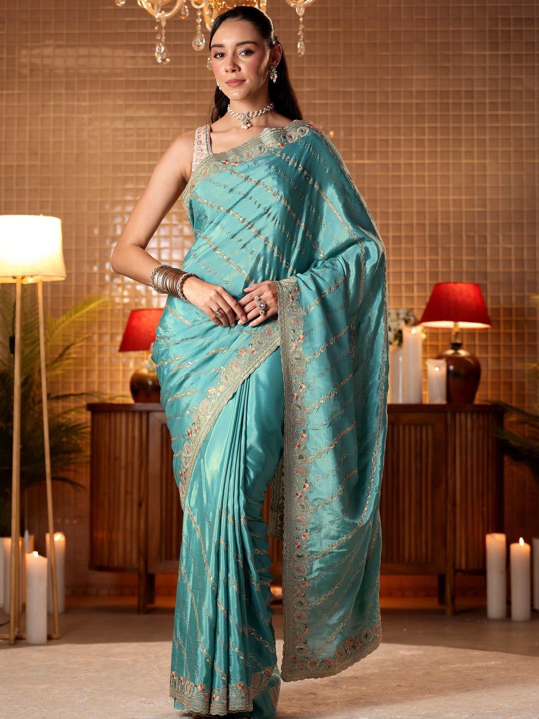  Blue Ethnic Motif Embroidered Satin Saree 